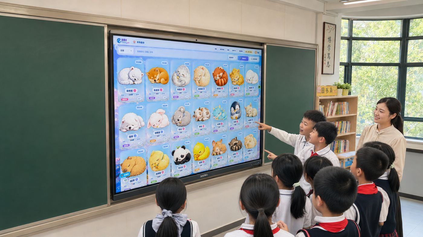 课思悠学生领养电子宠物界面场景示意——老师和学生一起挑选各自领养的宠物