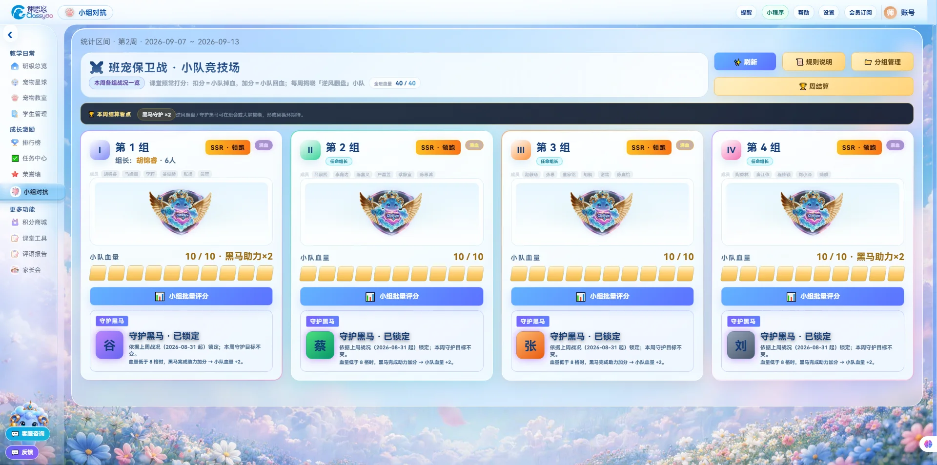 班级宠物积分系统界面——小组竞技，小组计分与排名。