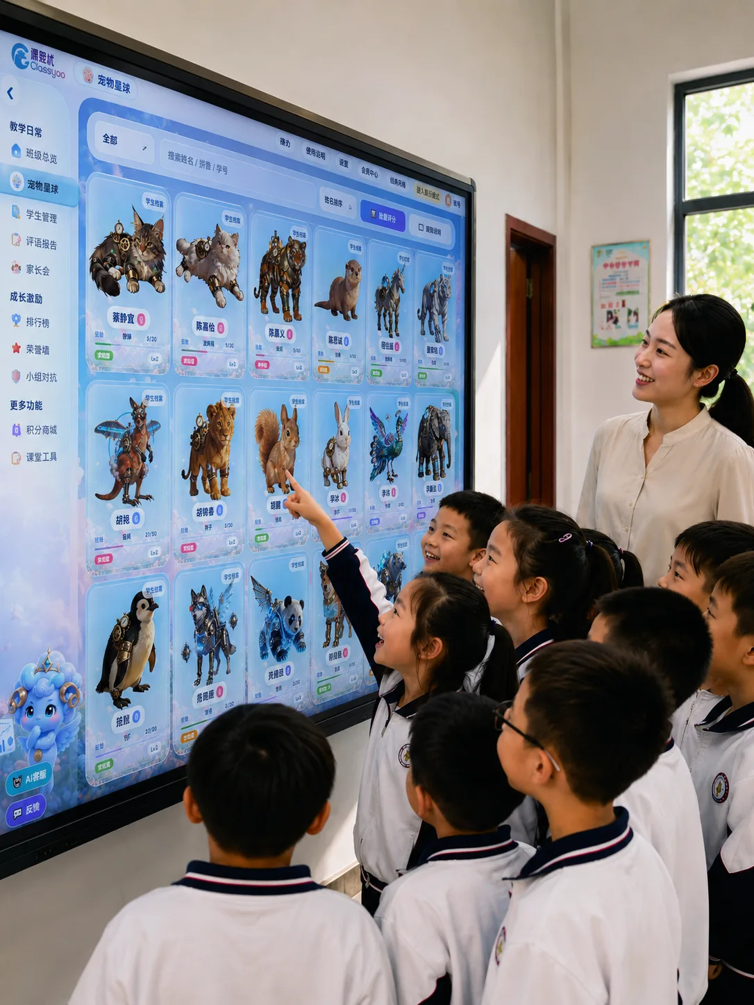 真实课堂：学生在大屏前指着自己想领养的宠物，老师站在旁边看他们挑选，屏幕上是班级宠物网格