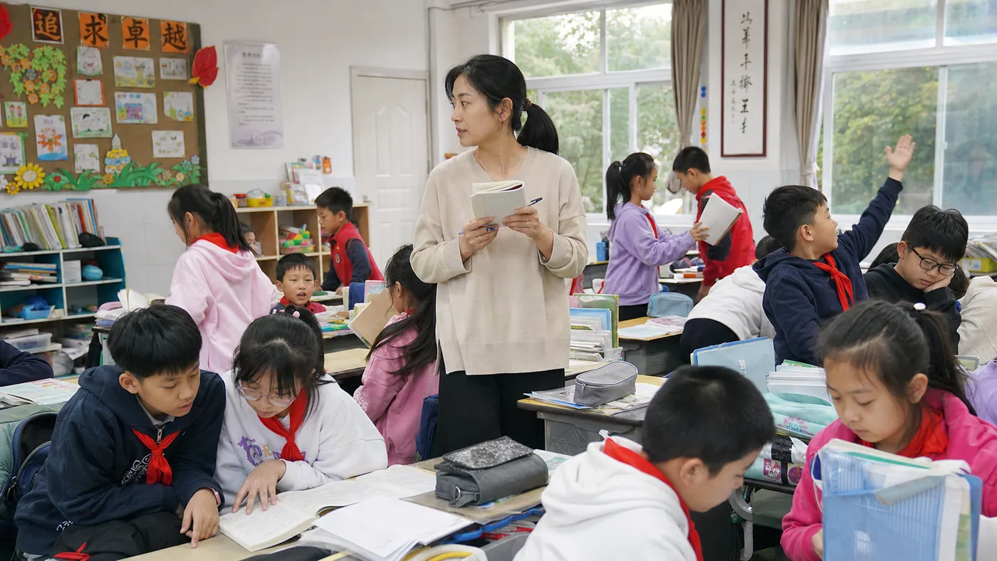 真实教室：学生围坐成小组讨论，桌上有小组牌