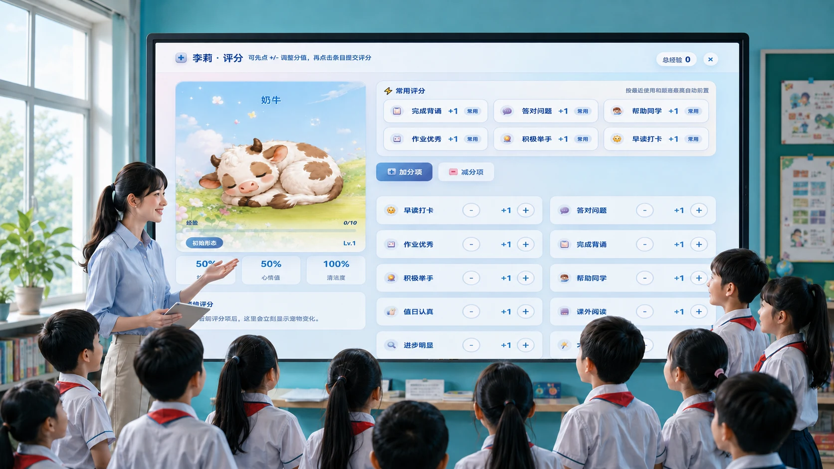 课堂评分界面示意,老师可从常用评价项快速给学生加分或减分
