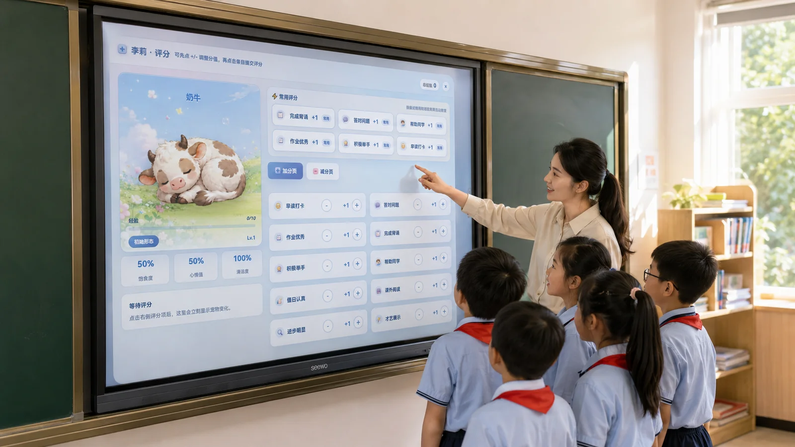 教学场景示意:老师和学生在教室大屏上查看班级宠物与课堂评价
