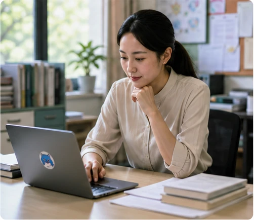 班主任在电脑前思考的办公场景,AI 生成示意